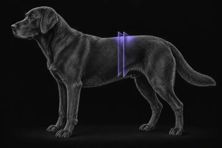 Stylised illustration of a dog's body in profile with translucent CT slice planes over the cranial abdomen