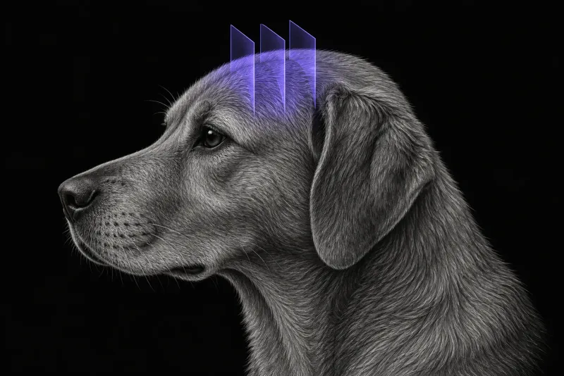 Stylised illustration of a dog's head in profile with translucent CT slice planes over the top of the head