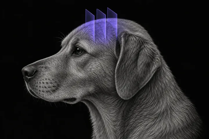 Stylised illustration of a dog's head in profile with translucent CT slice planes over the top of the head