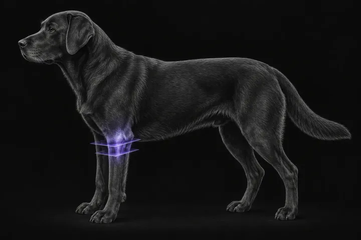 Stylised illustration of a dog's body in profile with translucent CT slice planes over the elbow