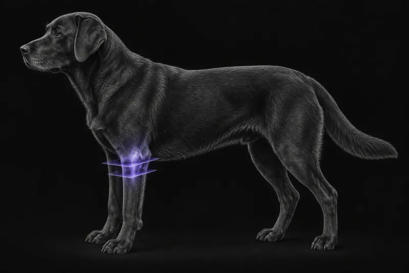 Stylised illustration of a dog's body in profile with translucent CT slice planes over the elbow