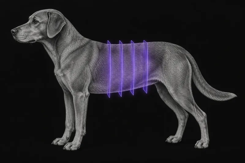 Stylised illustration of a dog's body in profile with translucent CT slice planes over the abdomen