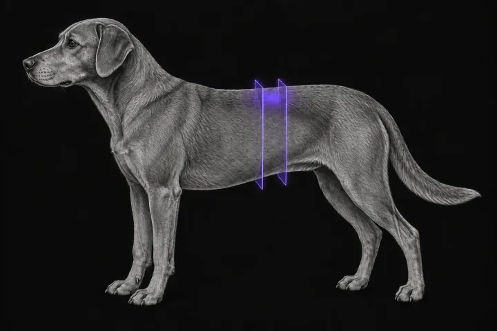 Stylised illustration of a dog's body in profile with translucent CT slice planes over the kidneys