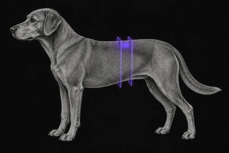 Stylised illustration of a dog's body in profile with translucent CT slice planes over the kidneys
