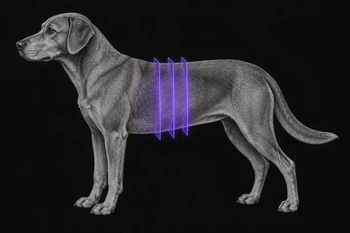 Stylised illustration of a dog's body in profile with translucent CT slice planes over the cranial abdomen
