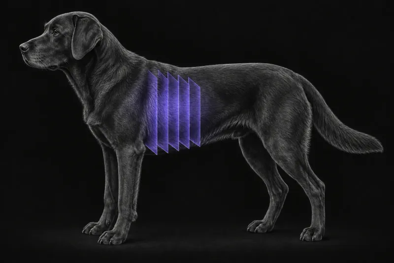 Stylised illustration of a dog's body in profile with translucent CT slice planes over the chest
