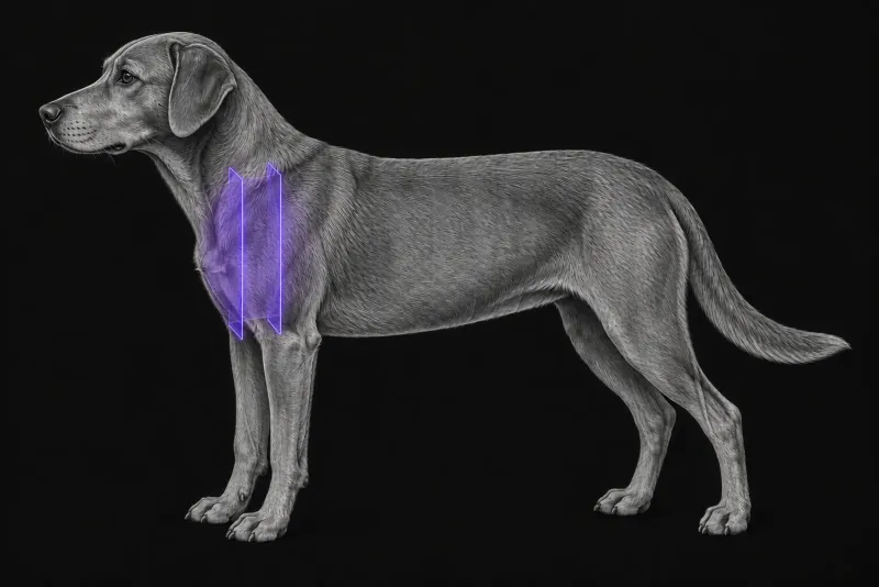 Stylised illustration of a dog's body in profile with translucent CT slice planes over the cranial chest