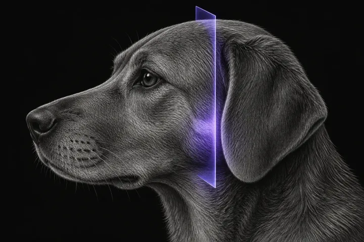 Stylised illustration of a dog's head in profile with a translucent transverse CT slice plane at the level of the ear base