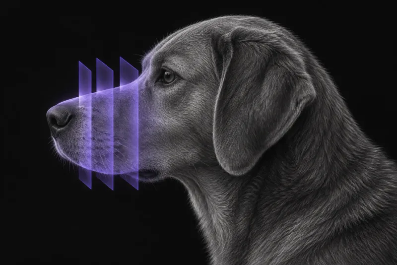 Stylised illustration of a dog's head in profile with translucent CT slice planes across the muzzle