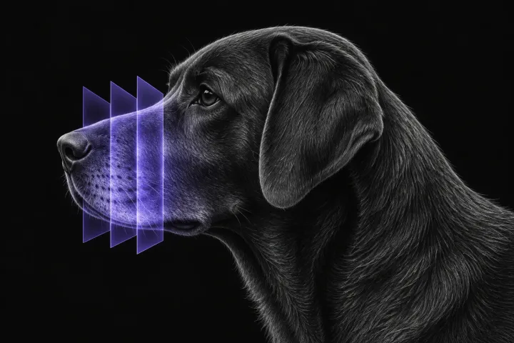 Stylised illustration of a dog's head in profile with translucent CT slice planes over the jaws and upper neck