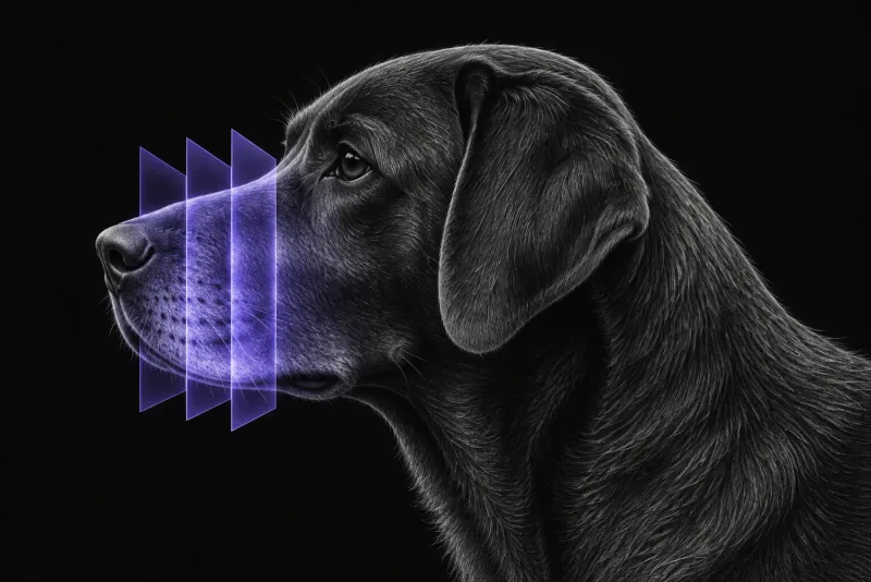 Stylised illustration of a dog's head in profile with translucent CT slice planes over the jaws and upper neck