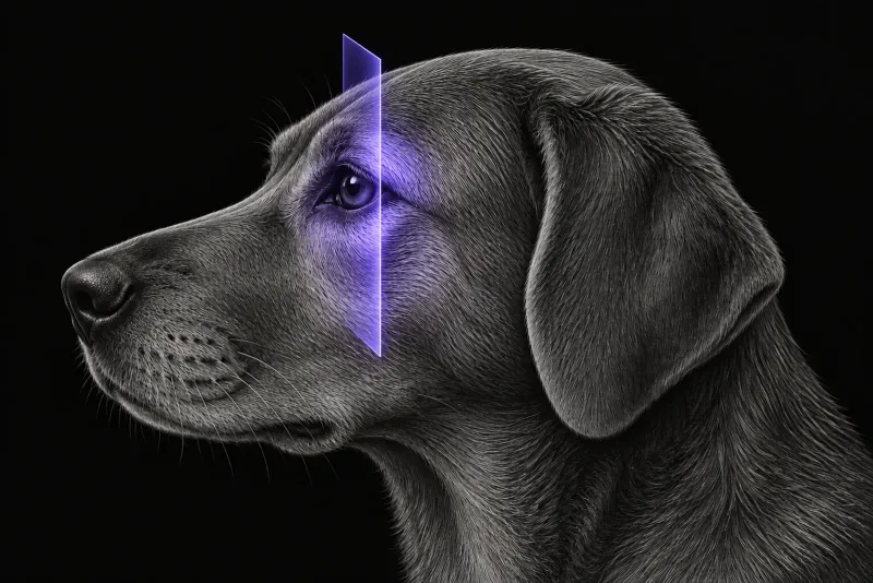 Stylised illustration of a dog's head in profile with translucent CT slice planes over the orbit