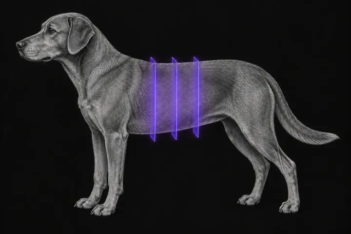 Stylised illustration of a dog's body in profile with translucent CT slice planes over the cranial abdomen
