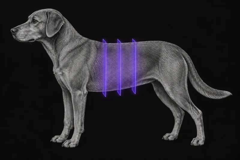 Stylised illustration of a dog's body in profile with translucent CT slice planes over the cranial abdomen