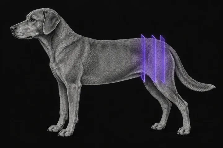 Stylised illustration of a dog's body in profile with translucent CT slice planes over the pelvis