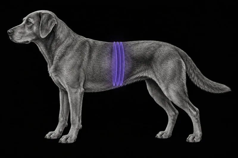 Stylised illustration of a dog's body in profile with translucent CT slice planes over the cranial abdomen