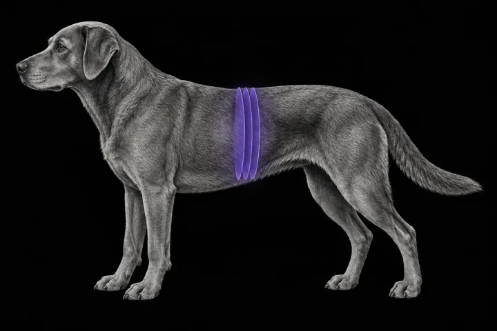 Stylised illustration of a dog's body in profile with translucent CT slice planes over the cranial abdomen