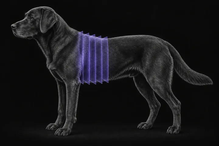 Stylised illustration of a dog's body in profile with translucent CT slice planes over the chest