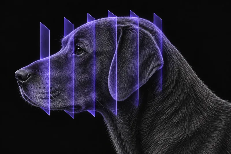 Stylised illustration of a dog's head in profile with translucent CT slice planes across the skull
