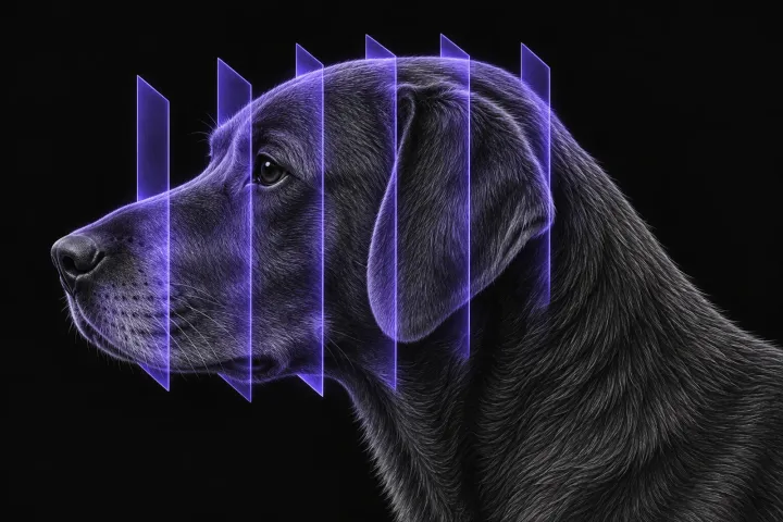 Stylised illustration of a dog's head in profile with translucent CT slice planes across the skull