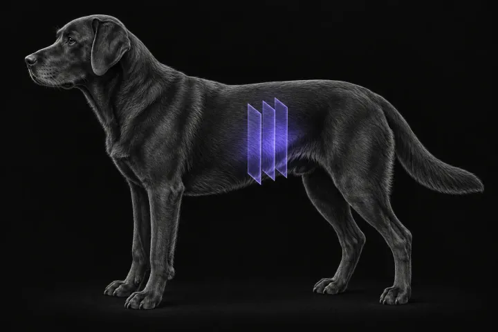 Stylised illustration of a dog's body in profile with translucent CT slice planes over the cranial abdomen