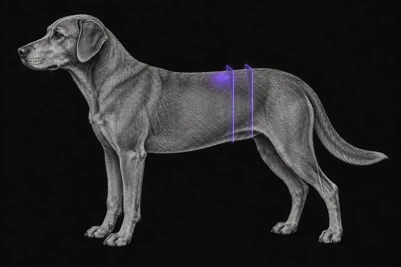 Stylised illustration of a dog's body in profile with translucent CT slice planes over the caudal abdomen and pelvis