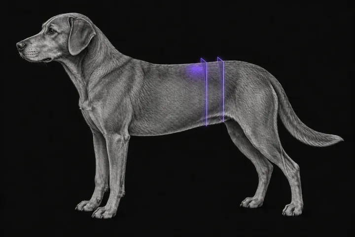 Stylised illustration of a dog's body in profile with translucent CT slice planes over the caudal abdomen and pelvis