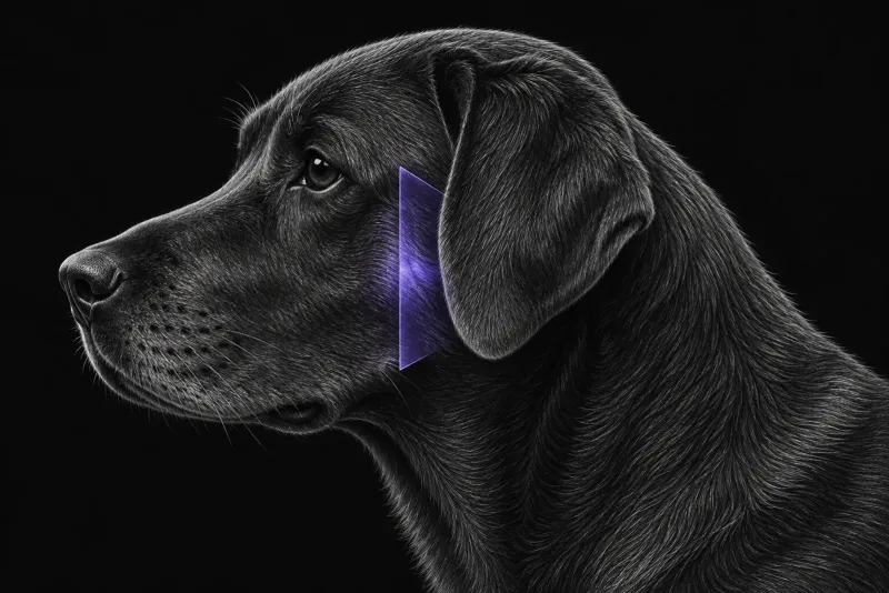 Stylised illustration of a dog's head in profile with translucent CT slice planes over the jaw joint