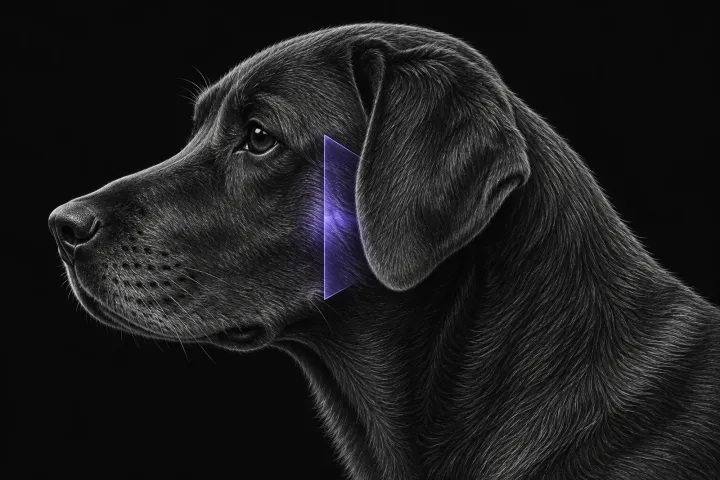 Stylised illustration of a dog's head in profile with translucent CT slice planes over the jaw joint