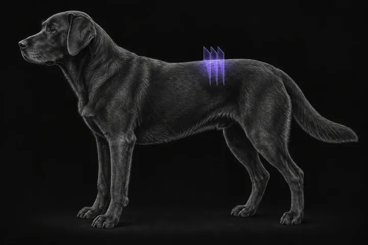 Stylised illustration of a dog's body in profile with translucent CT slice planes over the back