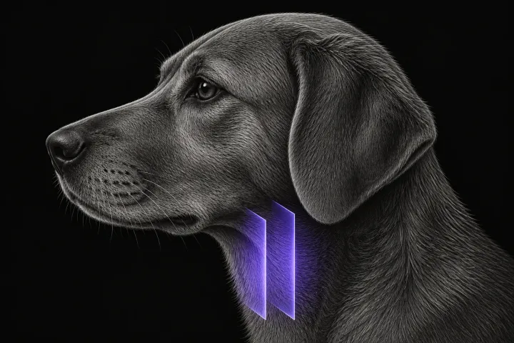 Stylised illustration of a dog's head and neck in profile with translucent CT slice planes over the ventral neck