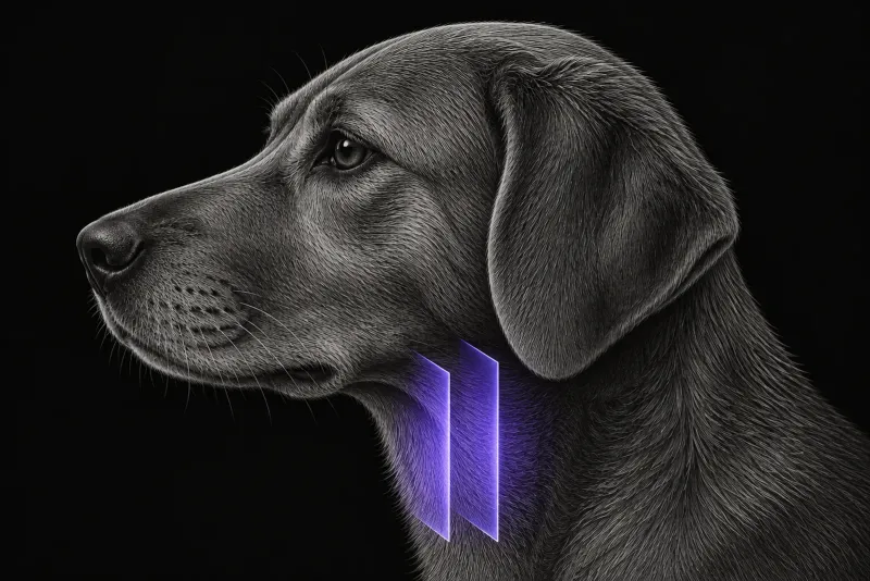 Stylised illustration of a dog's head and neck in profile with translucent CT slice planes over the ventral neck
