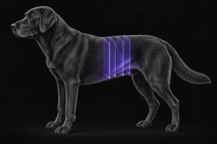 Stylised illustration of a dog's body in profile with translucent CT slice planes over the caudal abdomen