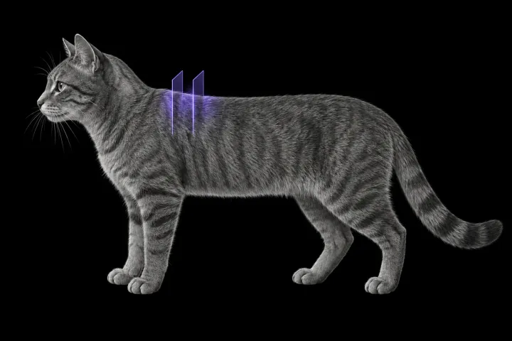 Stylised illustration of a cat's body in profile with translucent CT slice planes over the interscapular region