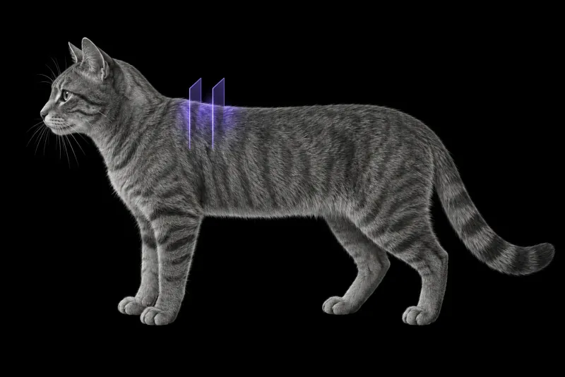 Stylised illustration of a cat's body in profile with translucent CT slice planes over the interscapular region