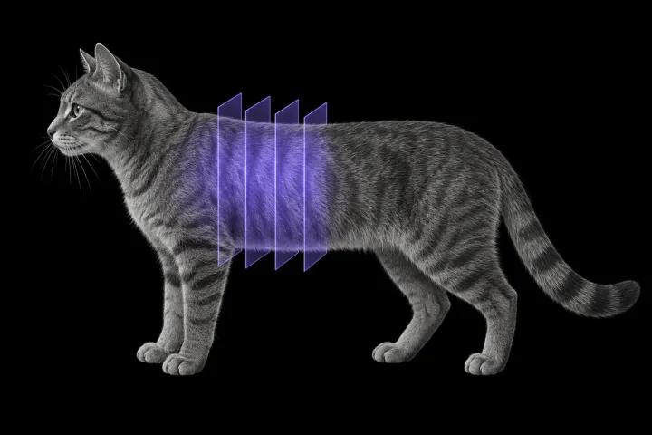 Stylised illustration of a cat's body in profile with translucent CT slice planes over the chest