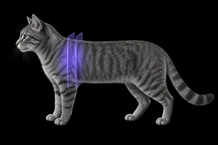 Stylised illustration of a cat's body in profile with translucent CT slice planes over the cranial chest