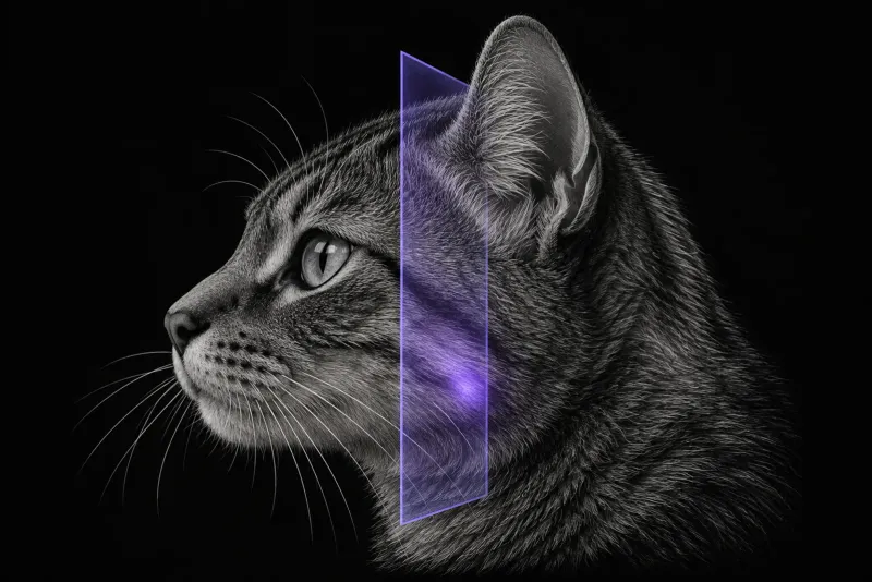 Stylised illustration of a cat's head in profile with a translucent transverse CT slice plane at the level of the ear base