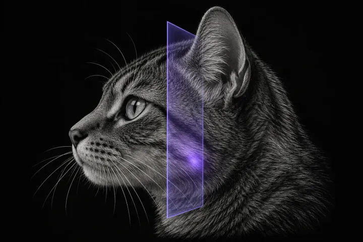 Stylised illustration of a cat's head in profile with a translucent transverse CT slice plane at the level of the ear base