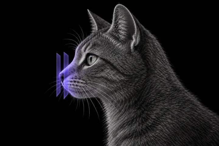 Stylised illustration of a cat's head in profile with translucent CT slice planes across the muzzle