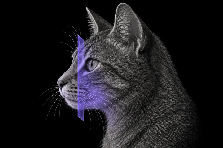 Stylised illustration of a cat's head in profile with translucent CT slice planes over the nasopharynx behind the soft palate