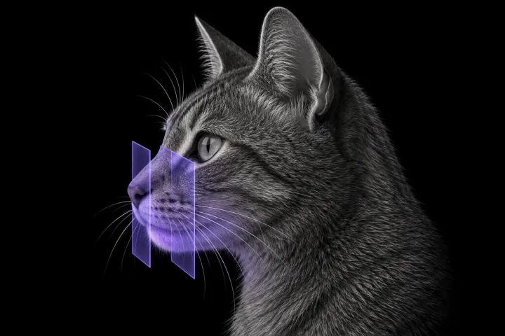 Stylised illustration of a cat's head in profile with translucent CT slice planes across the jaws