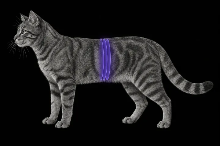 Stylised illustration of a cat's body in profile with translucent CT slice planes over the liver and portal vein