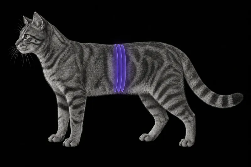 Stylised illustration of a cat's body in profile with translucent CT slice planes over the liver and portal vein