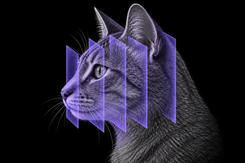 Stylised illustration of a cat's head in profile with translucent CT slice planes across the skull and jaws