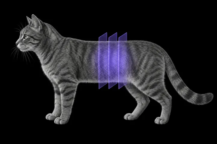 Stylised illustration of a cat's body in profile with translucent CT slice planes over the kidneys and ureters