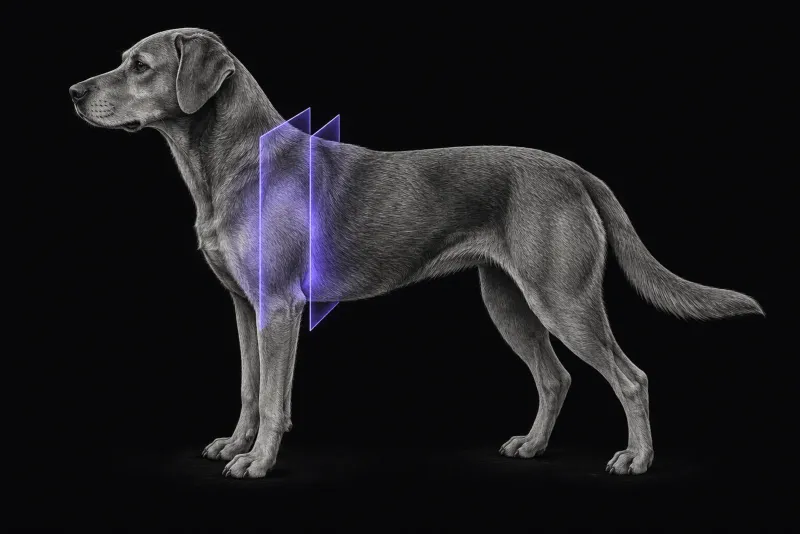Stylised illustration of a dog's body in profile with translucent MRI slice planes over the base of the neck and shoulder