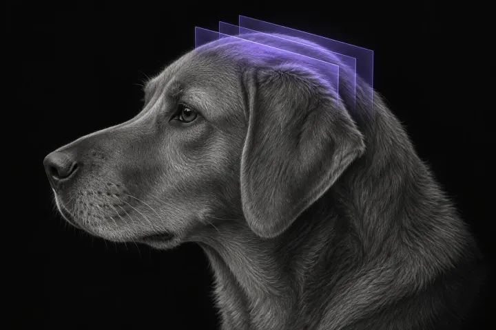 Stylised illustration of a dog's head in profile with translucent MRI slice planes over the top of the head
