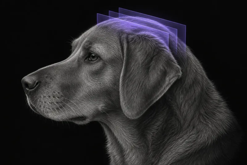 Stylised illustration of a dog's head in profile with translucent MRI slice planes over the top of the head