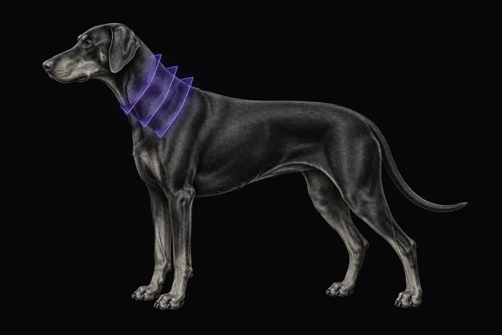 Stylised illustration of a dog's head and neck in profile with translucent MRI slice planes over the neck
